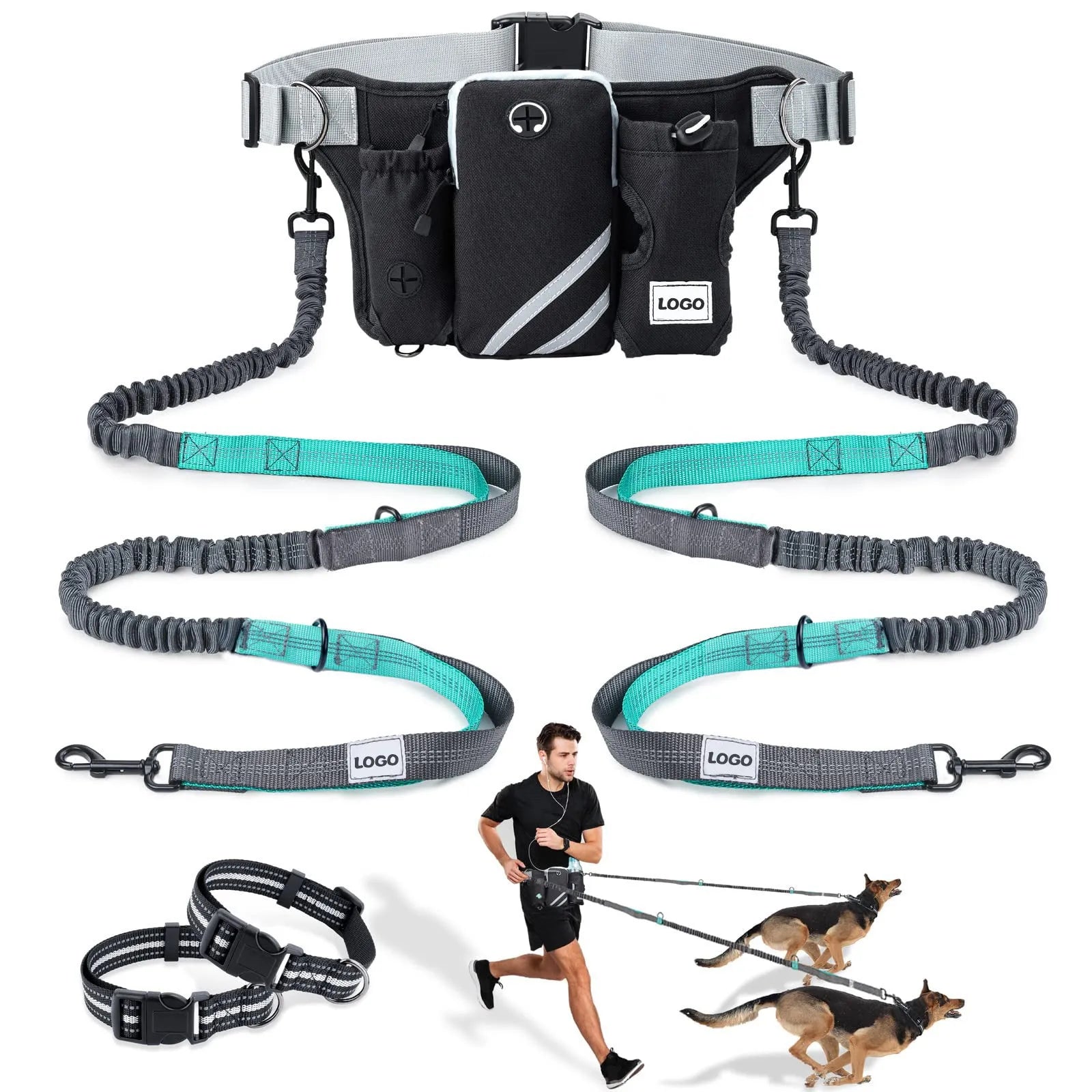Black nylon pet walking set with waist bag, leash, and collar for outdoor dog training