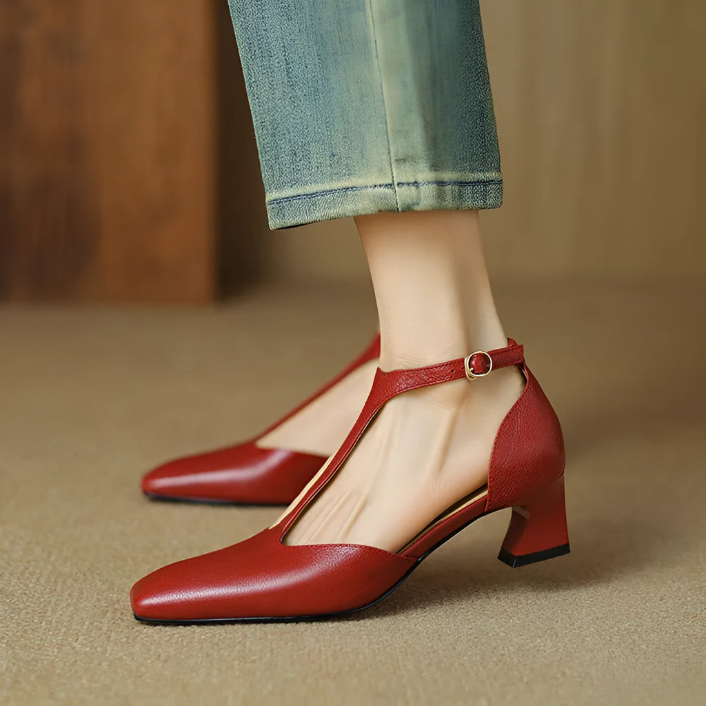 French retro square toe chunky heel sheepskin leather shoes in red colour