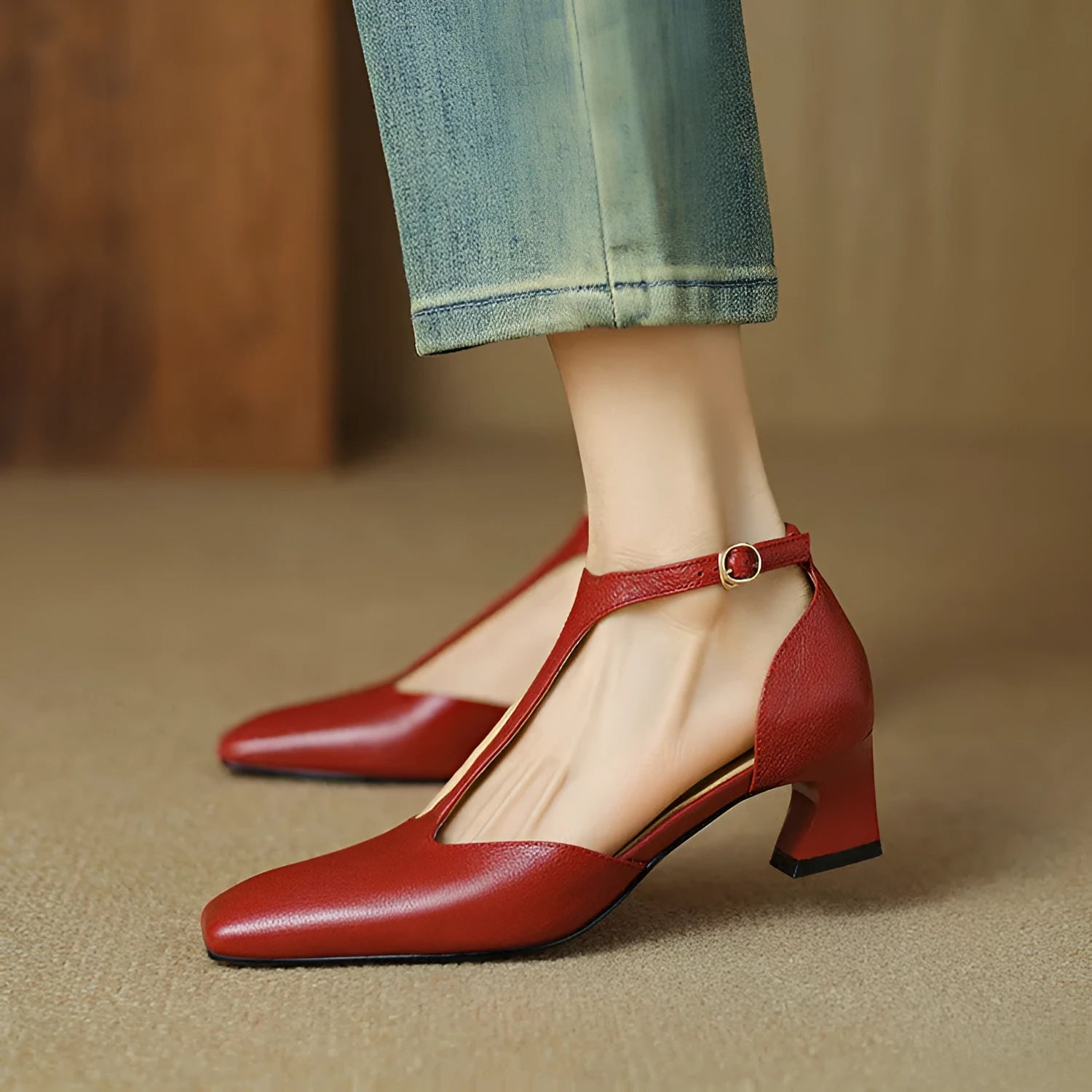 French retro square toe chunky heel sheepskin leather shoes in red colour