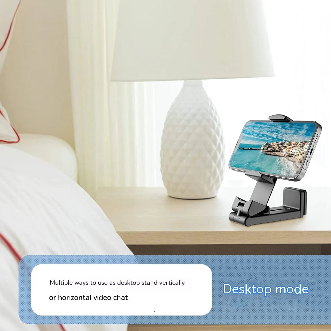 Foldable rotating phone holder in black, green or grey with universal smartphone compatibility