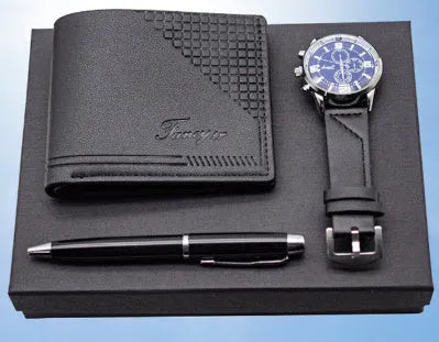 Brown leather wallet, ballpoint pen, and wristwatch set presented in a modern gift box