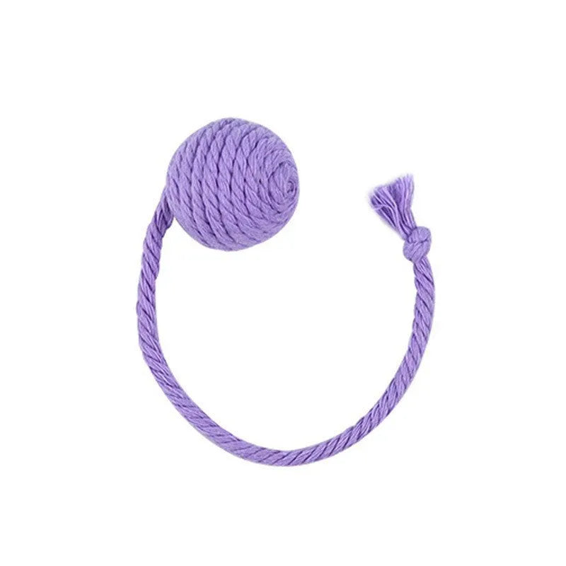 Green and pink soft plush cat toy balls with rope tails and internal bells