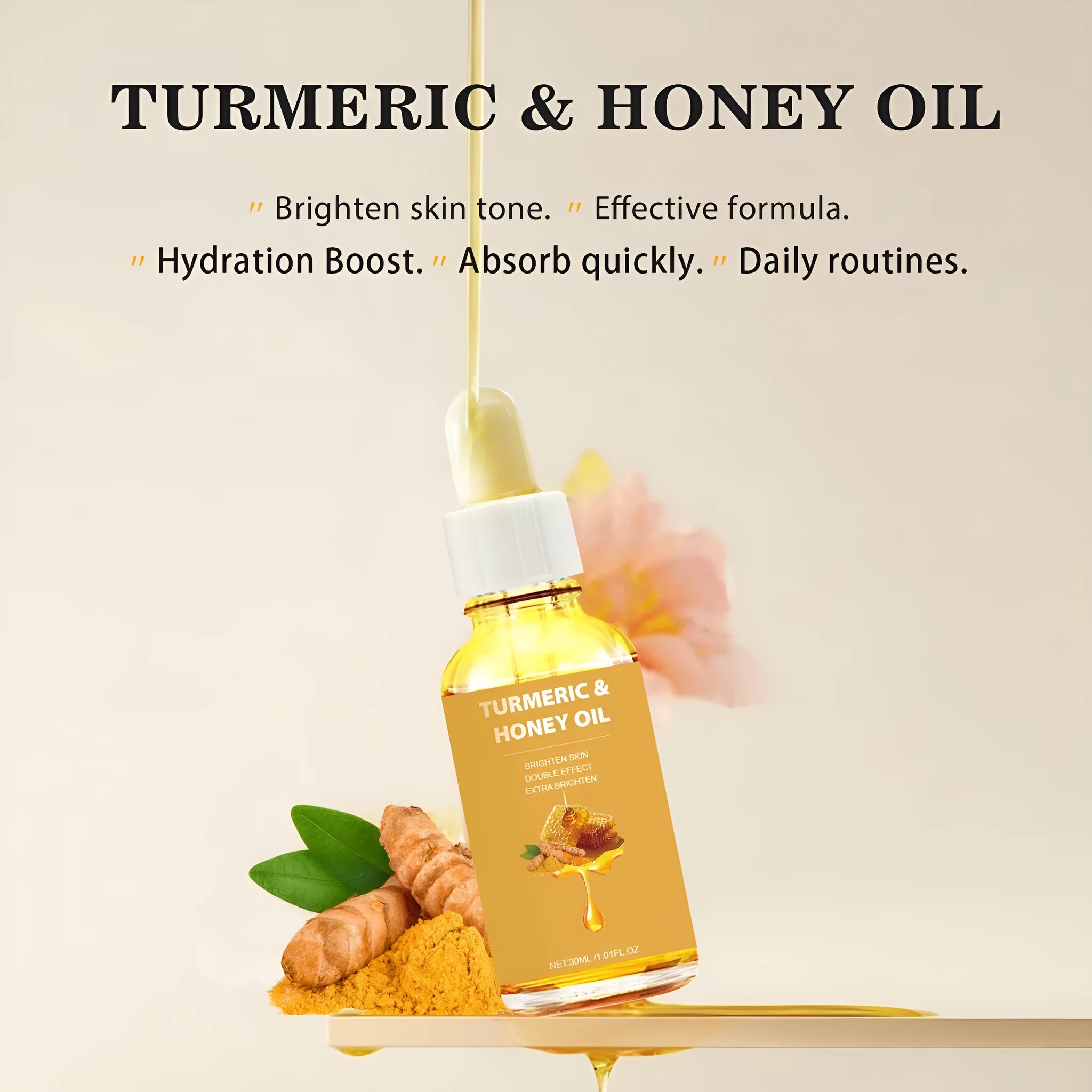 30ml bottle of turmeric honey essential oil for facial beauty makeup in neutral packaging
