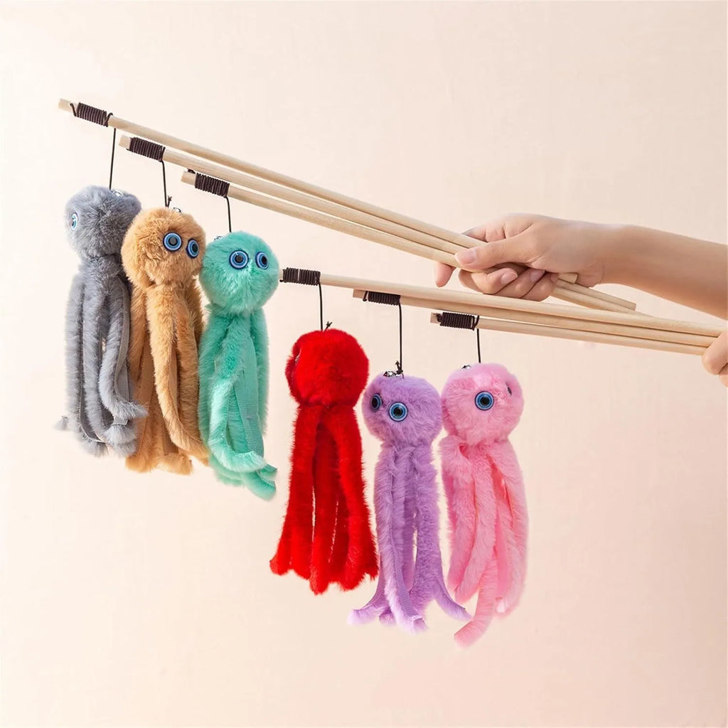 Colourful octopus cat toy on a long stick for indoor kittens and cats