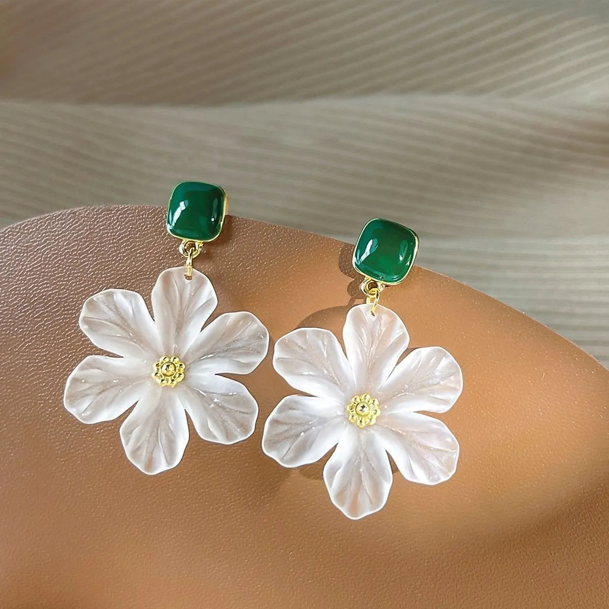 Dark green alloy earrings with needle flowers sweet design for women