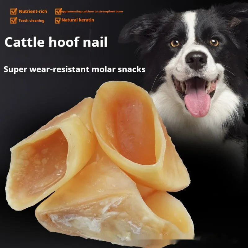 Natural cowhide dog chew rod in hoof shell colour, shown next to small and large size indicators.