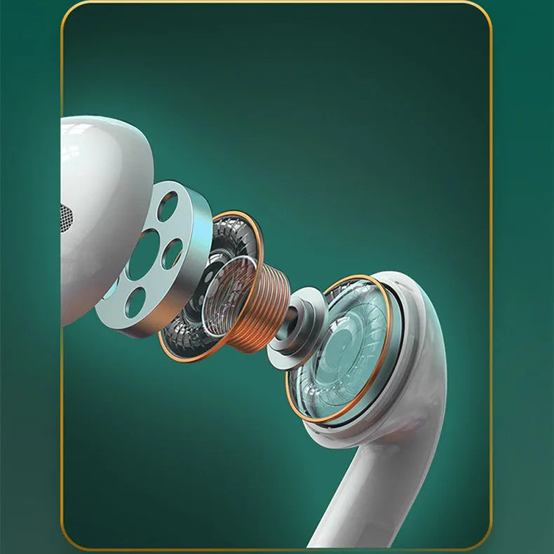 White Wireless Budz5 J6 Bluetooth earbuds with semi-in-ear design and a matching compact charging case.