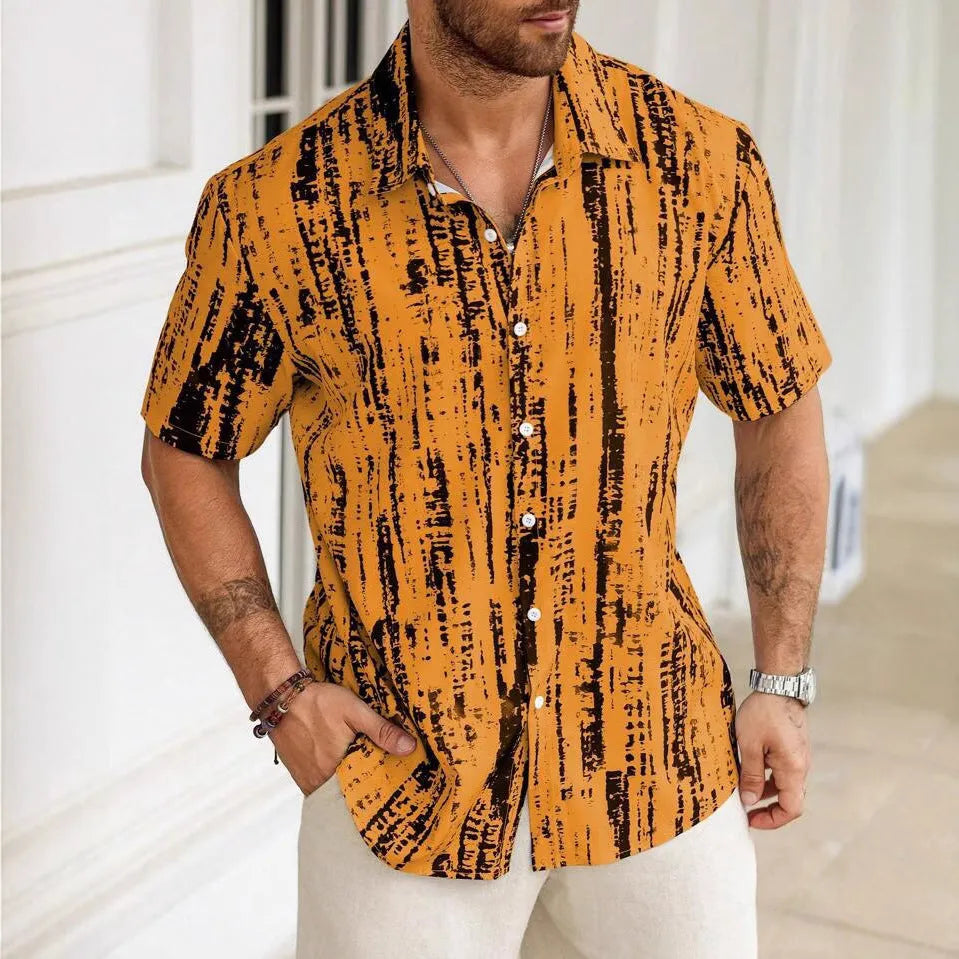 Men's striped short sleeve shirt in apricot colour with digital printed pattern