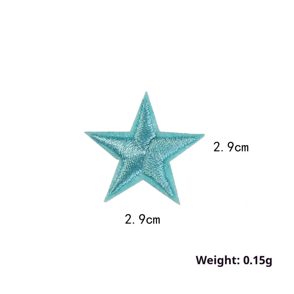 Colourful embroidered five-pointed star designs on cloth sticker labels for DIY clothing customisation.