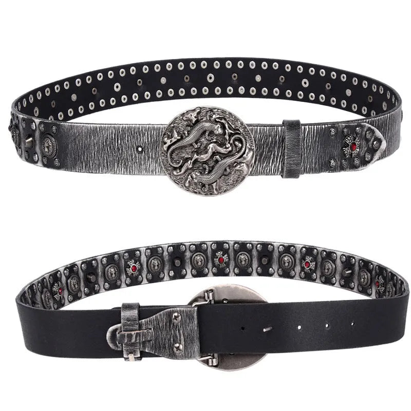 Men's genuine leather belt with punk rivets and alloy buckle in a retro colour