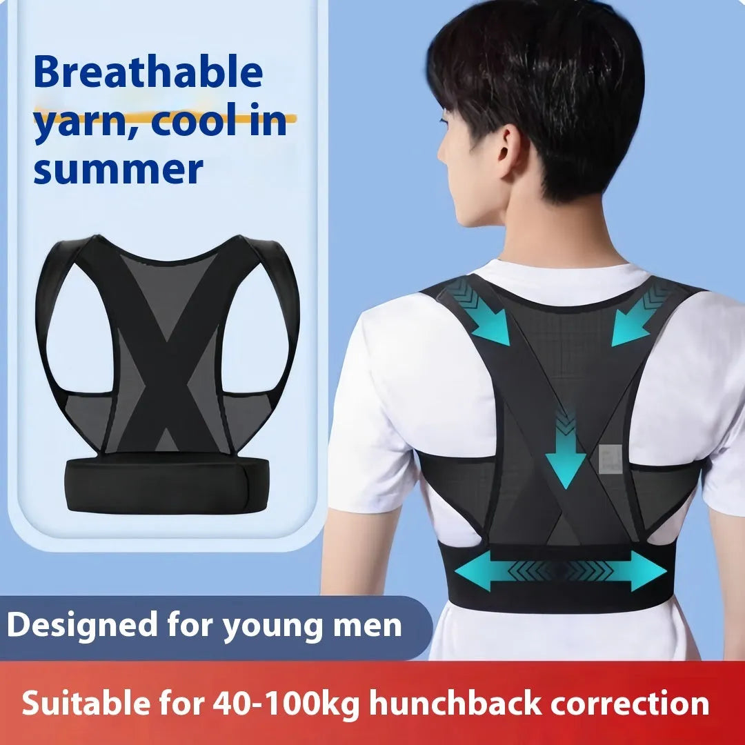 Men's black hunchback corrector posture belt showing the one-pull lift adjustment strap.