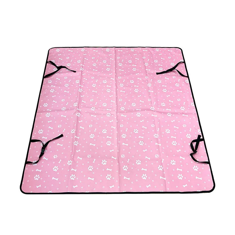 Waterproof cloth car pet mat for rear seat with dog bone print design on a grey background.