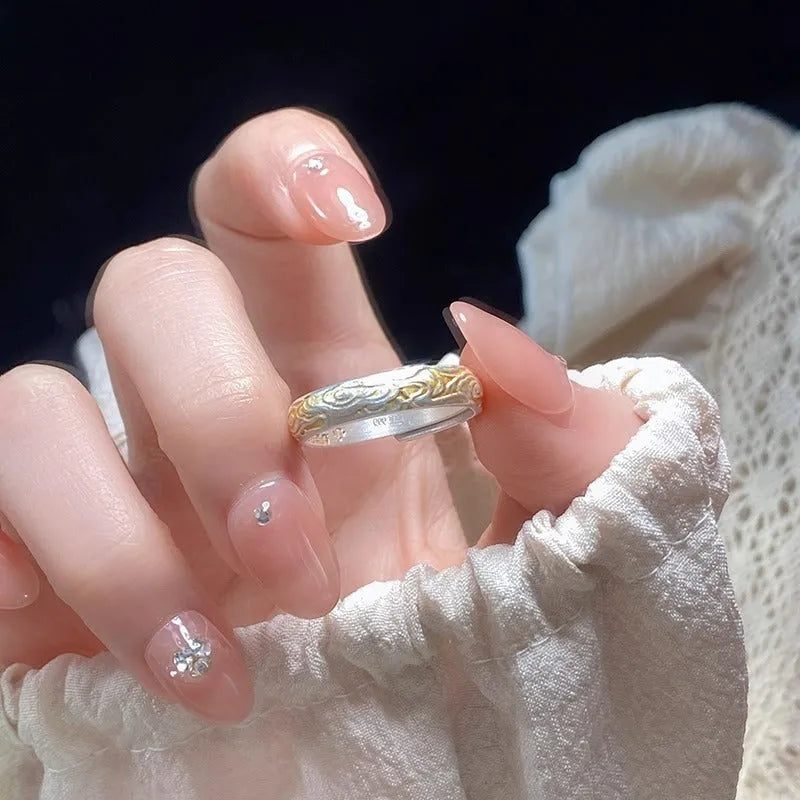 White copper open mouth ring with J14 Xiangyun geometric pattern, fairy style.