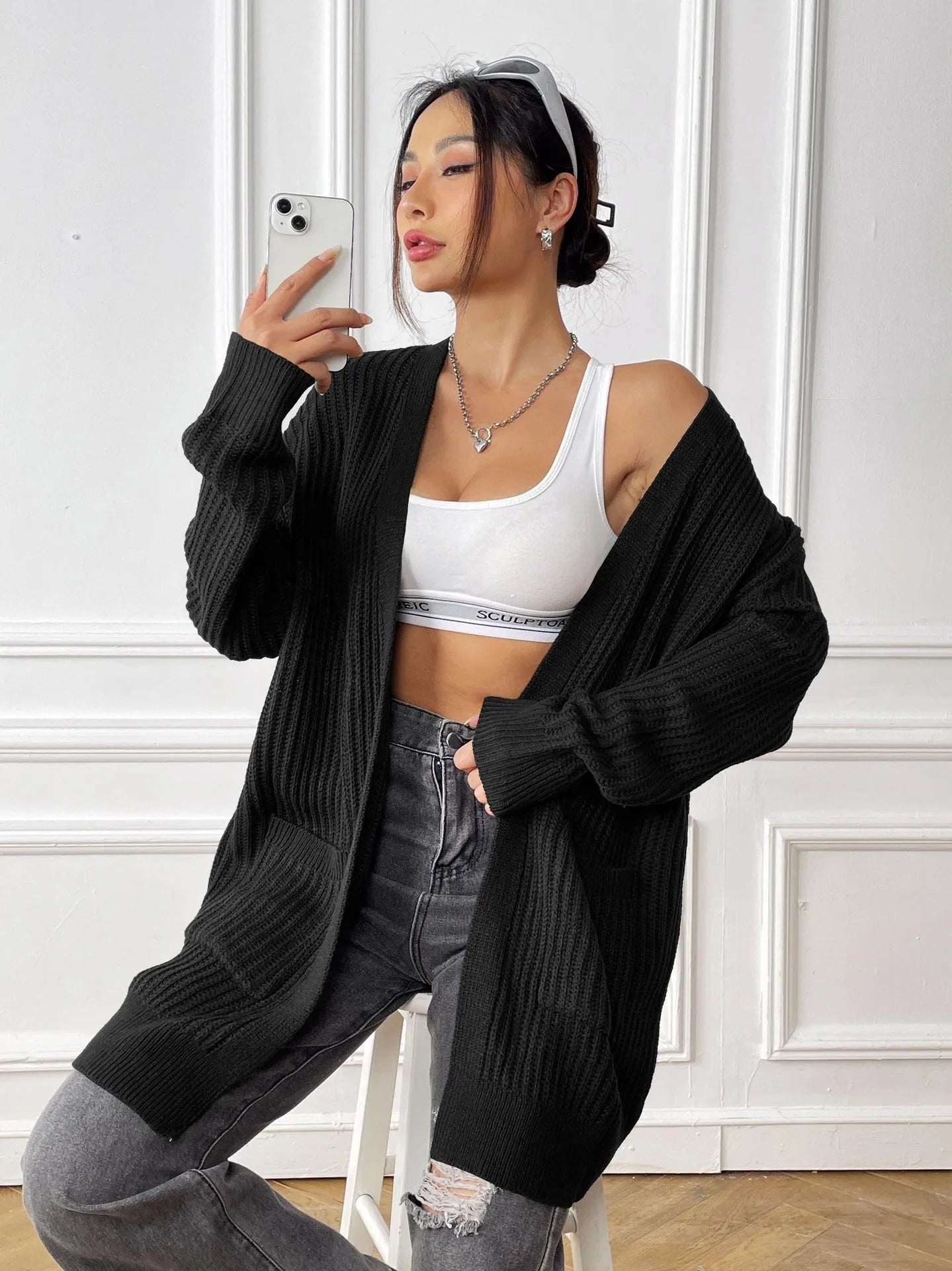 Women's dark green acrylic cardigan with double pockets and mid-length 65cm loose fit