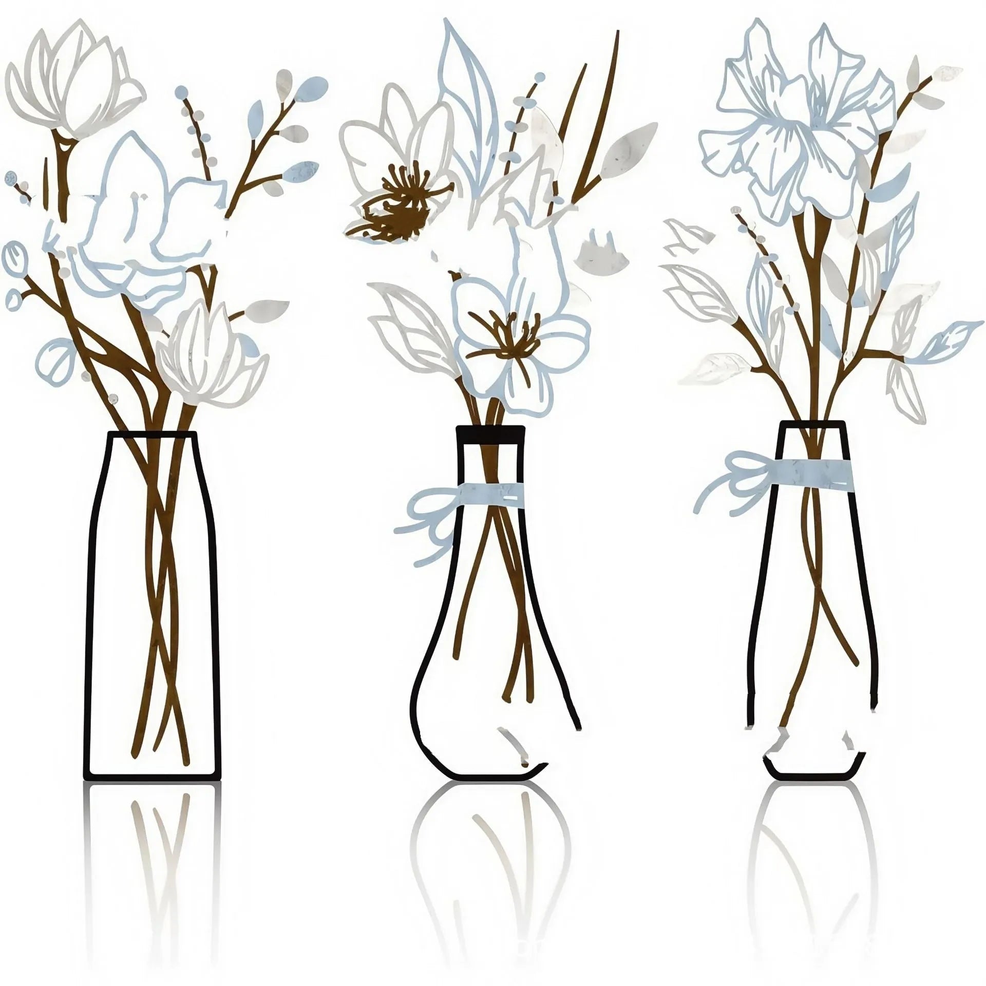 Three-piece metal flowers wall art set in country farmhouse style for bathroom or living room decoration