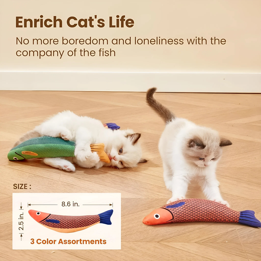Soft green plush fish-shaped cat toy filled with organic catnip for interactive play.