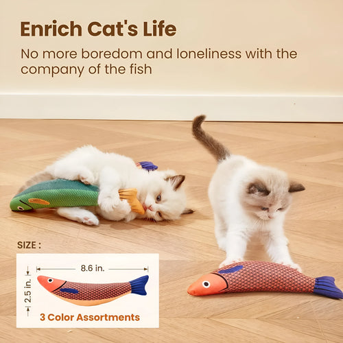 Soft green plush fish-shaped cat toy filled with organic catnip for interactive play.