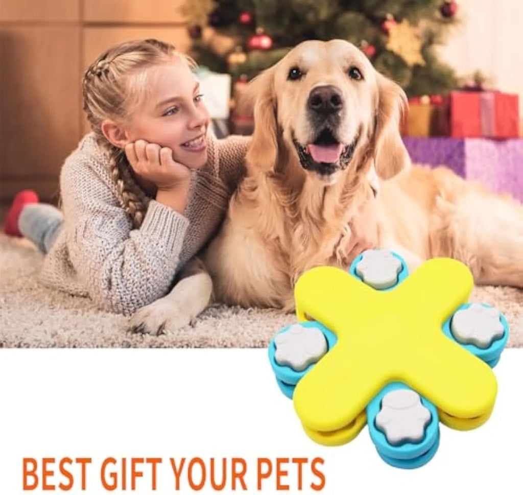 Yellow three-layer rotating dog puzzle feeder toy with non-slip base for slow feeding and IQ training.
