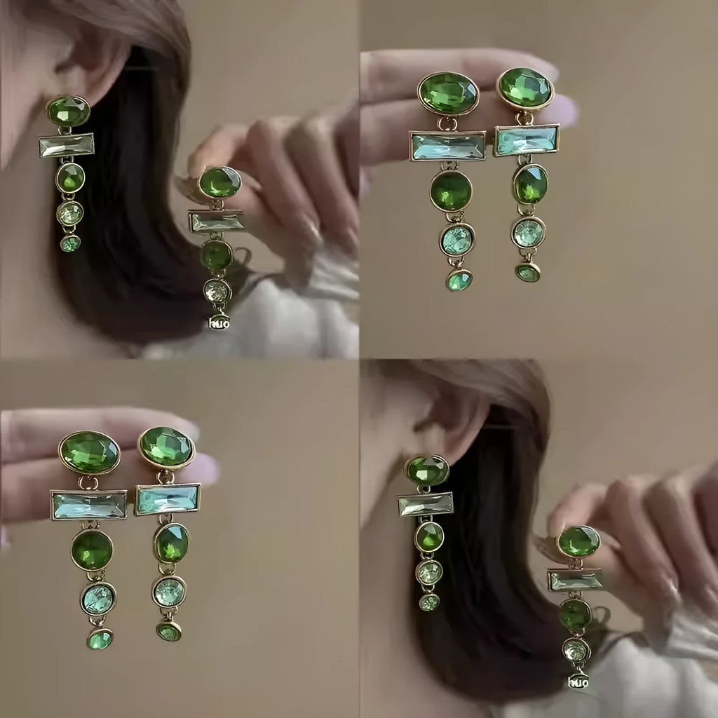 Geometric Chinese style earrings with retro green gradient colour and tassel design