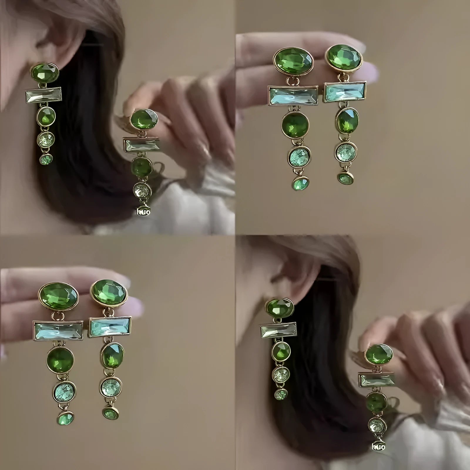 Geometric Chinese style earrings with retro green gradient colour and tassel design