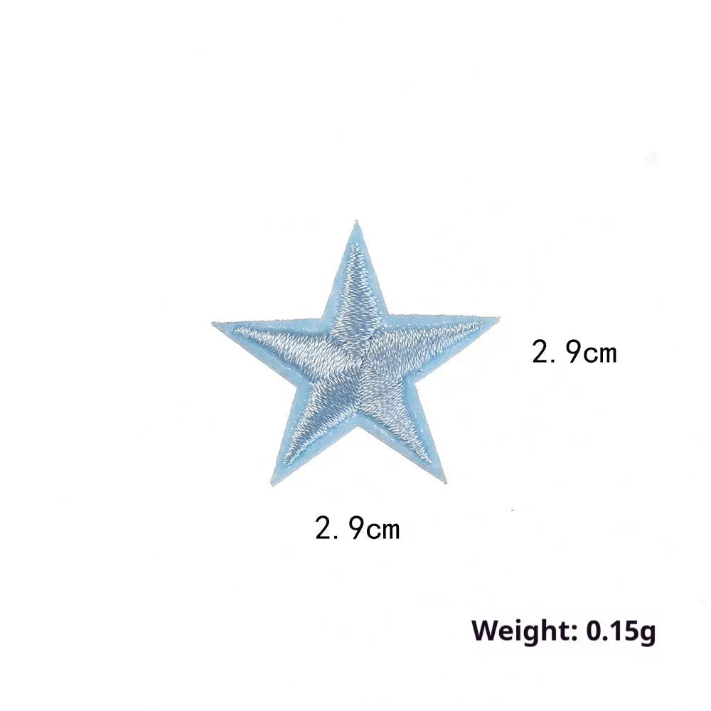 Colourful embroidered five-pointed star designs on cloth sticker labels for DIY clothing customisation.