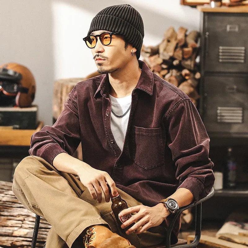 Men's red corduroy shirt jacket with long sleeves and loose fit casual design