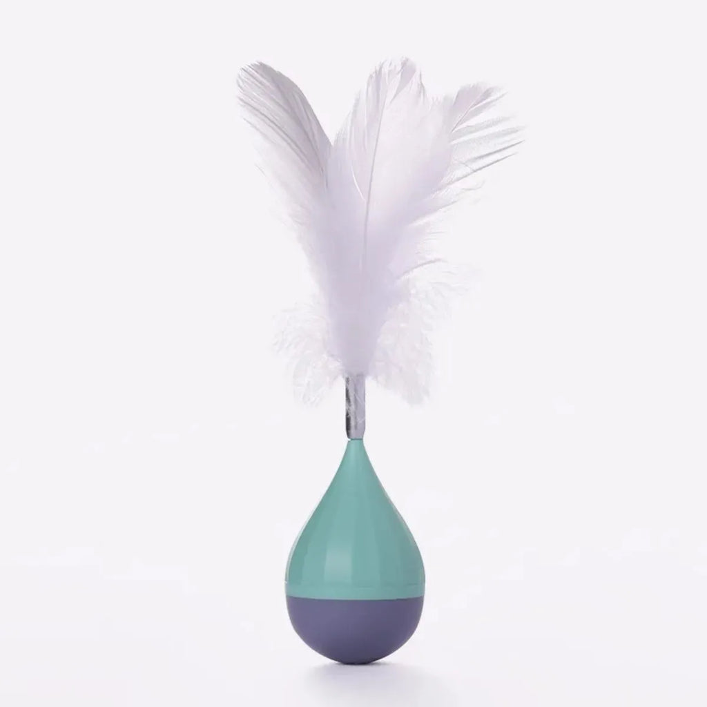 Feather tumbler cat toy with goose feather attachments on aluminium alloy rod and ABS plastic base