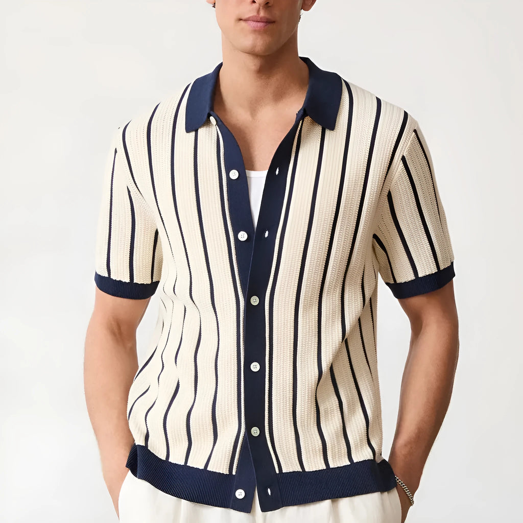Men's white knitted short sleeve top with asymmetric lapel collar design and striped pattern detail