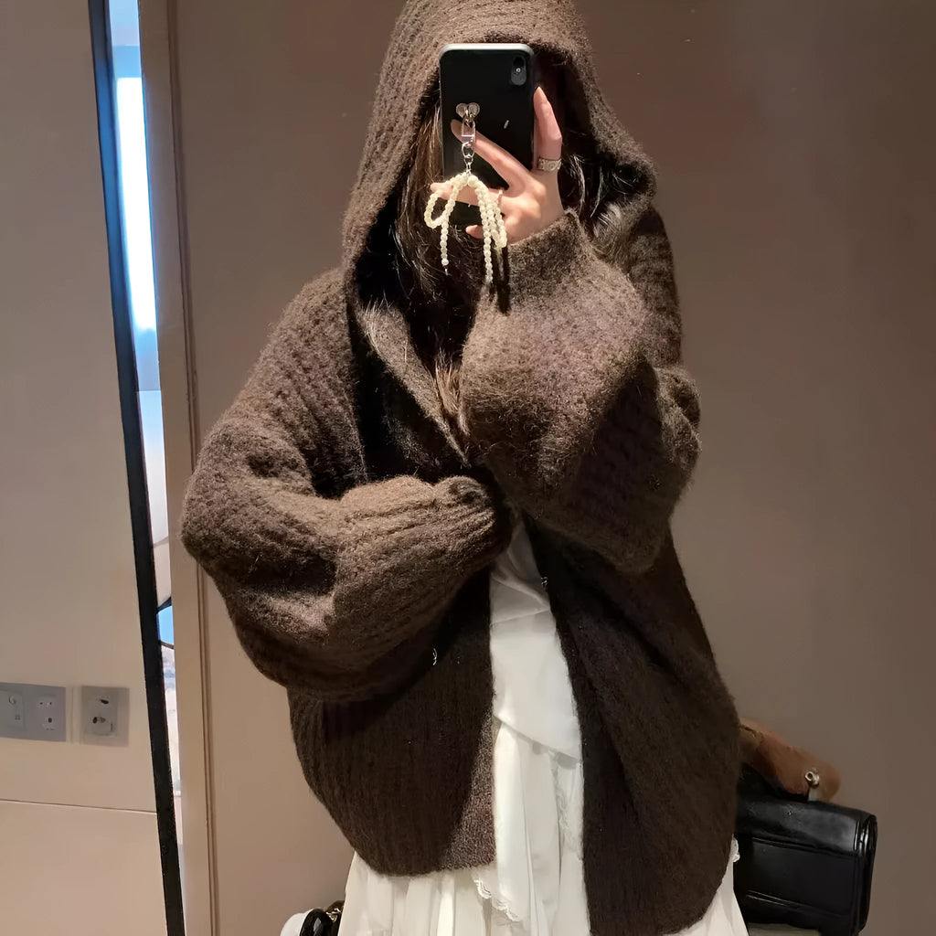 Women's retro style hooded sweater cardigan in acrylic fabric