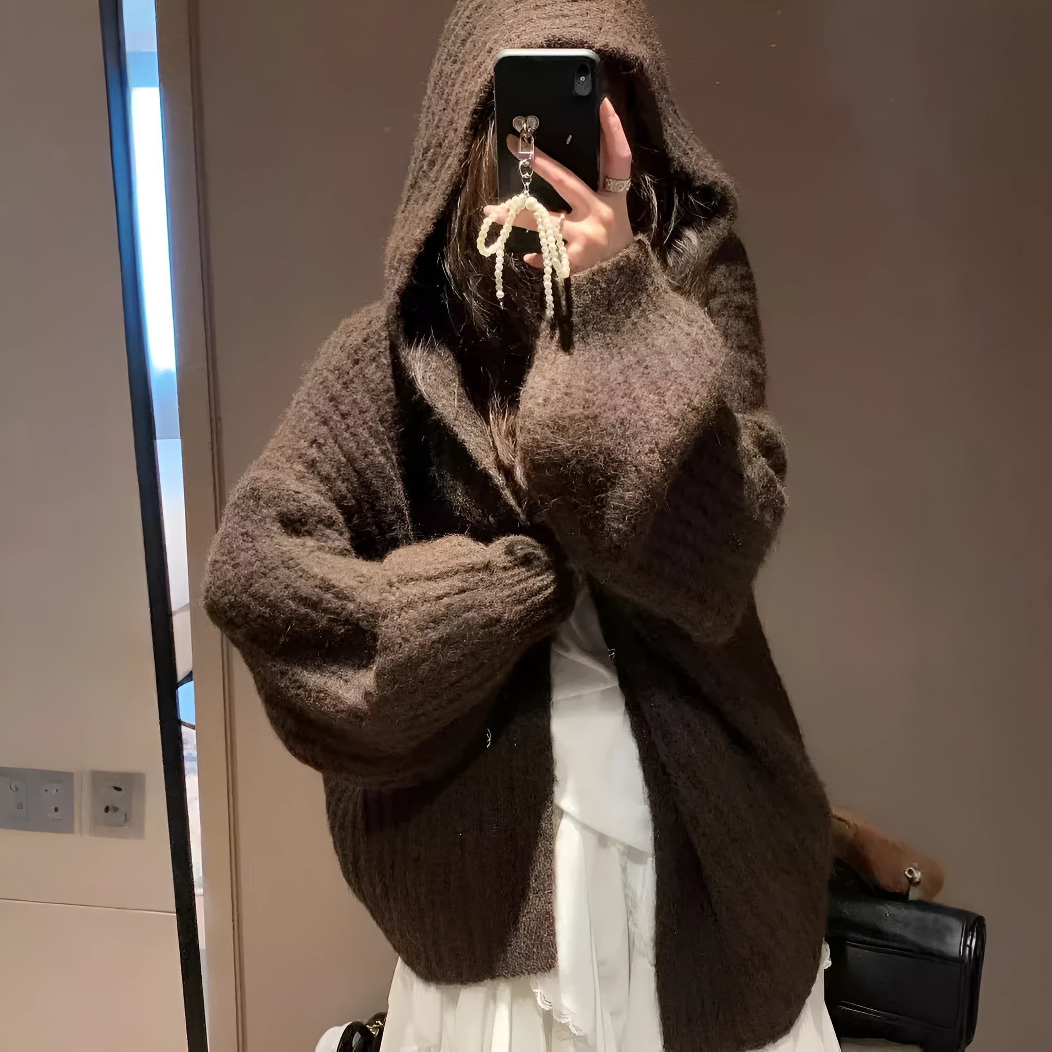 Women's retro style hooded sweater cardigan in acrylic fabric