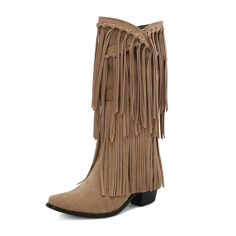 Women's beige suede knee-high boots with tassel, chunky heel, and square toe on a waterproof platform.