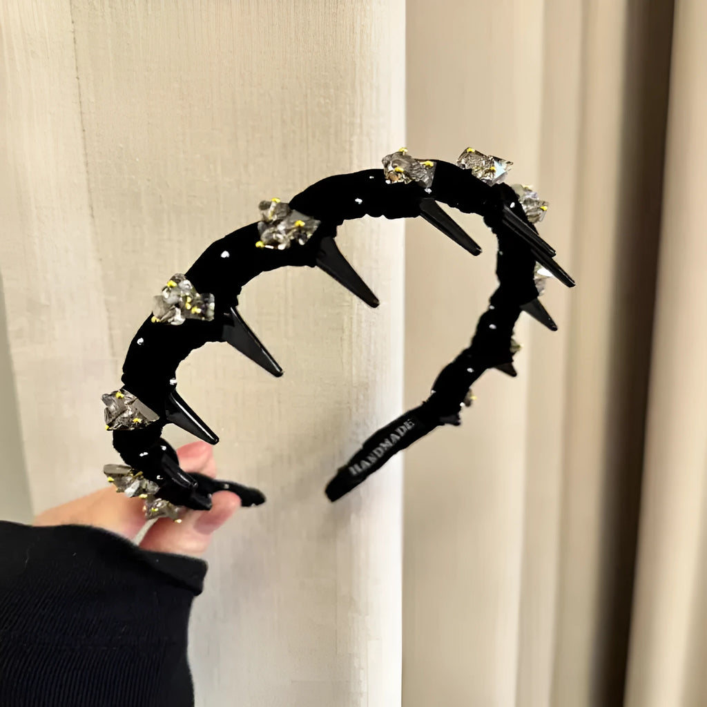 French velvet hairband with crystal wave decoration in black, red, and coffee colours.
