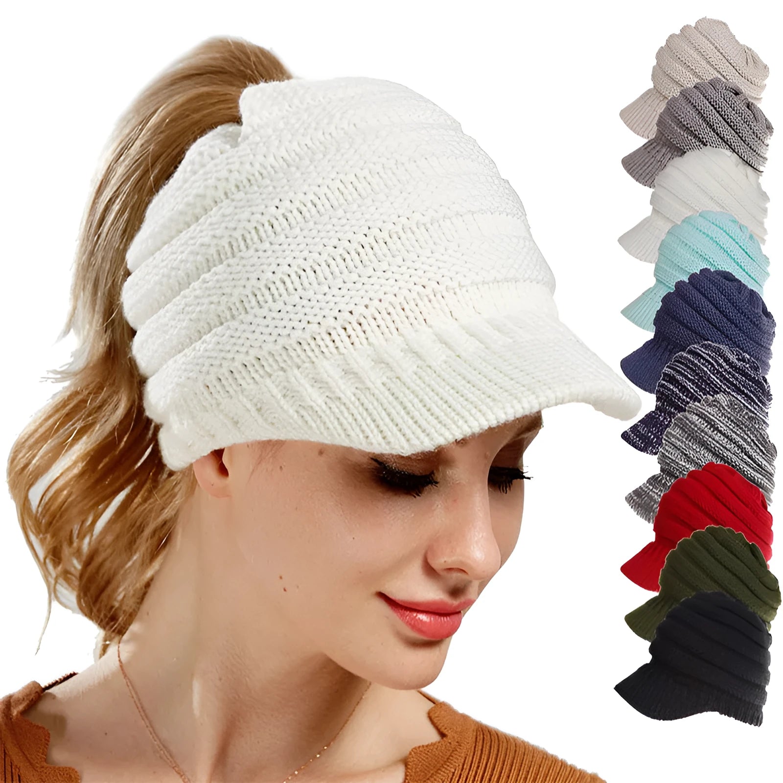 Woman wearing a soft knitted beanie with a ponytail pulled through the hole at the back.