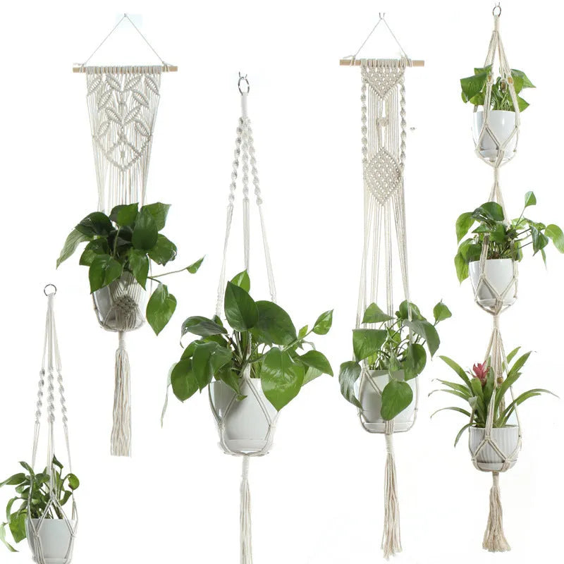 Beige cotton rope flower pot net bag handmade plant hanger hanging basket sling with adjustable bottom