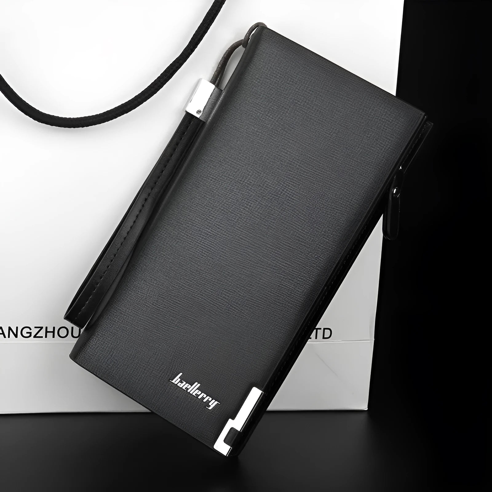 Men's black PU leather wallet with a long silver zipper closure.