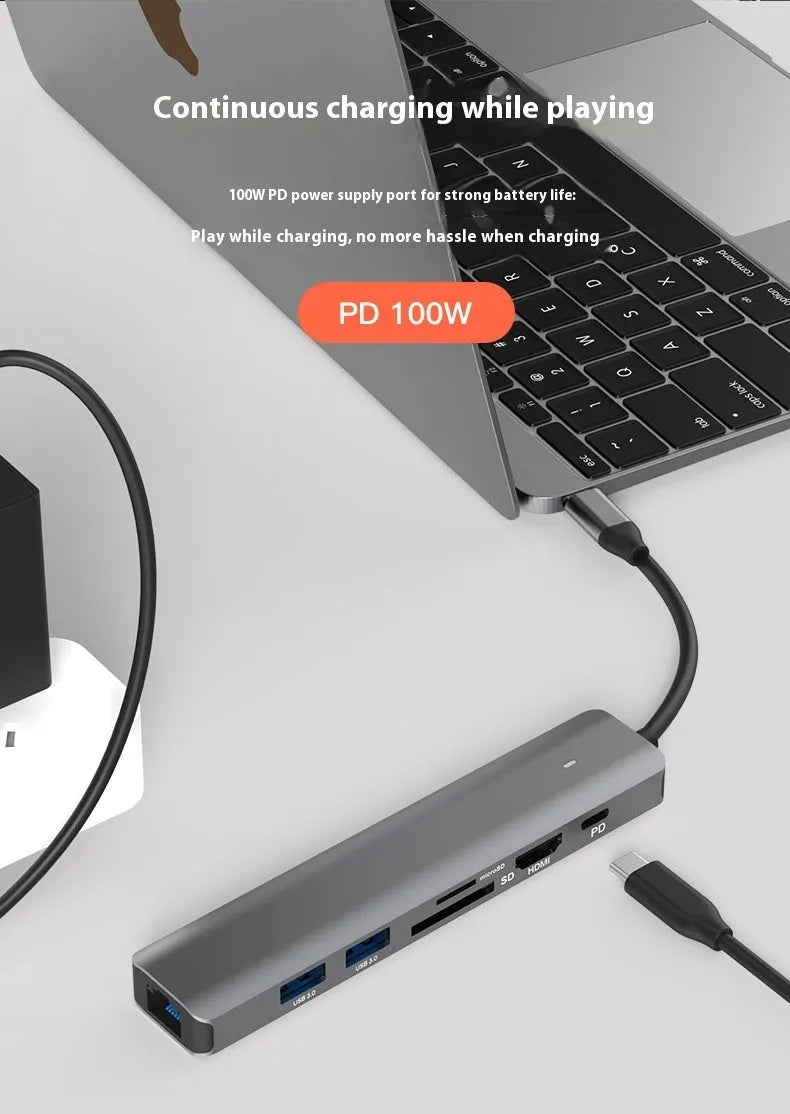 LQT-LH07 7-in-1 USB-C hub with HDMI port, USB-A ports, and SD/TF card reader slots for laptops.