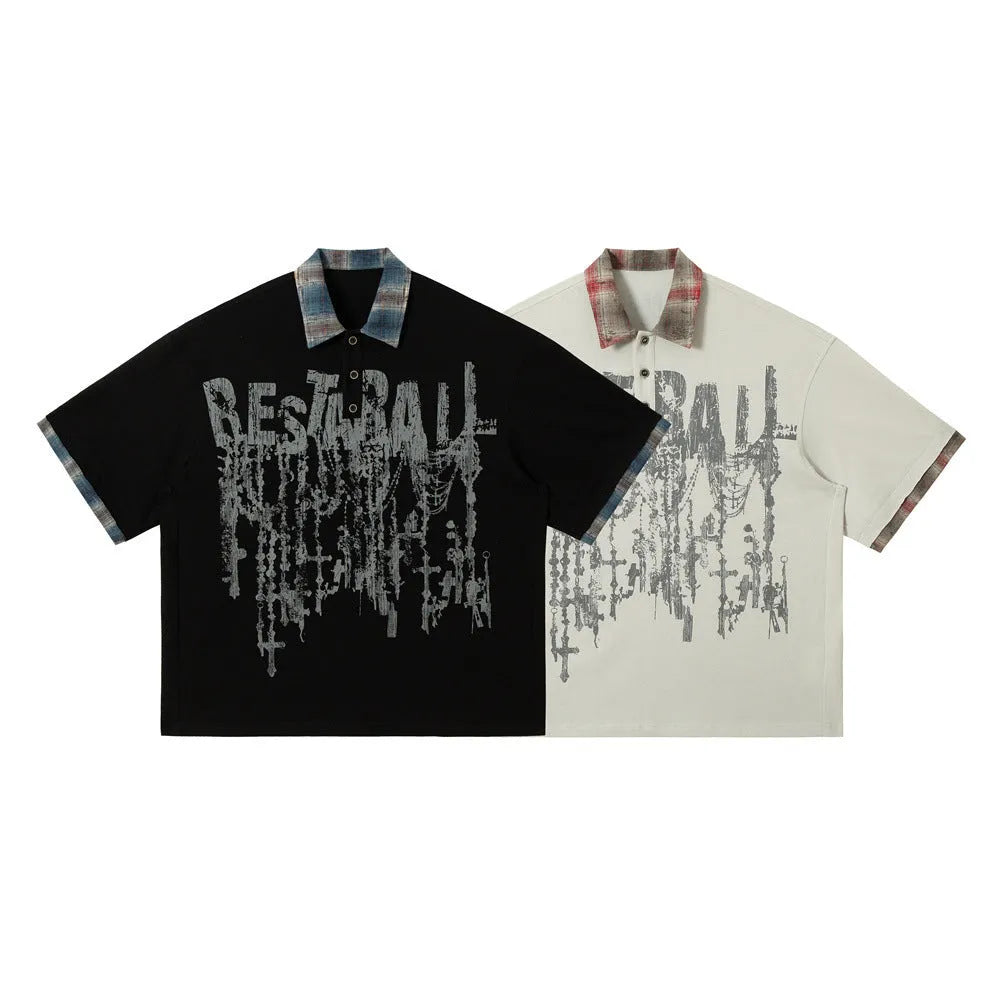 Men's loose blue cotton top with asymmetric design and graffiti print on the lapel.