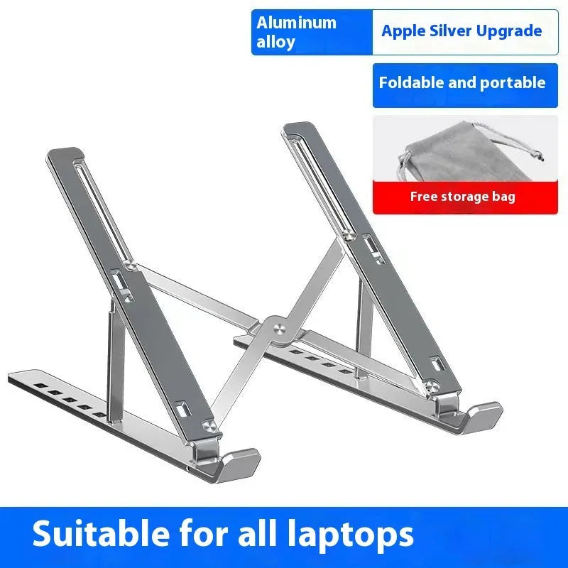 Silver aluminum alloy folding laptop stand supporting a large 18 inch notebook on a desk