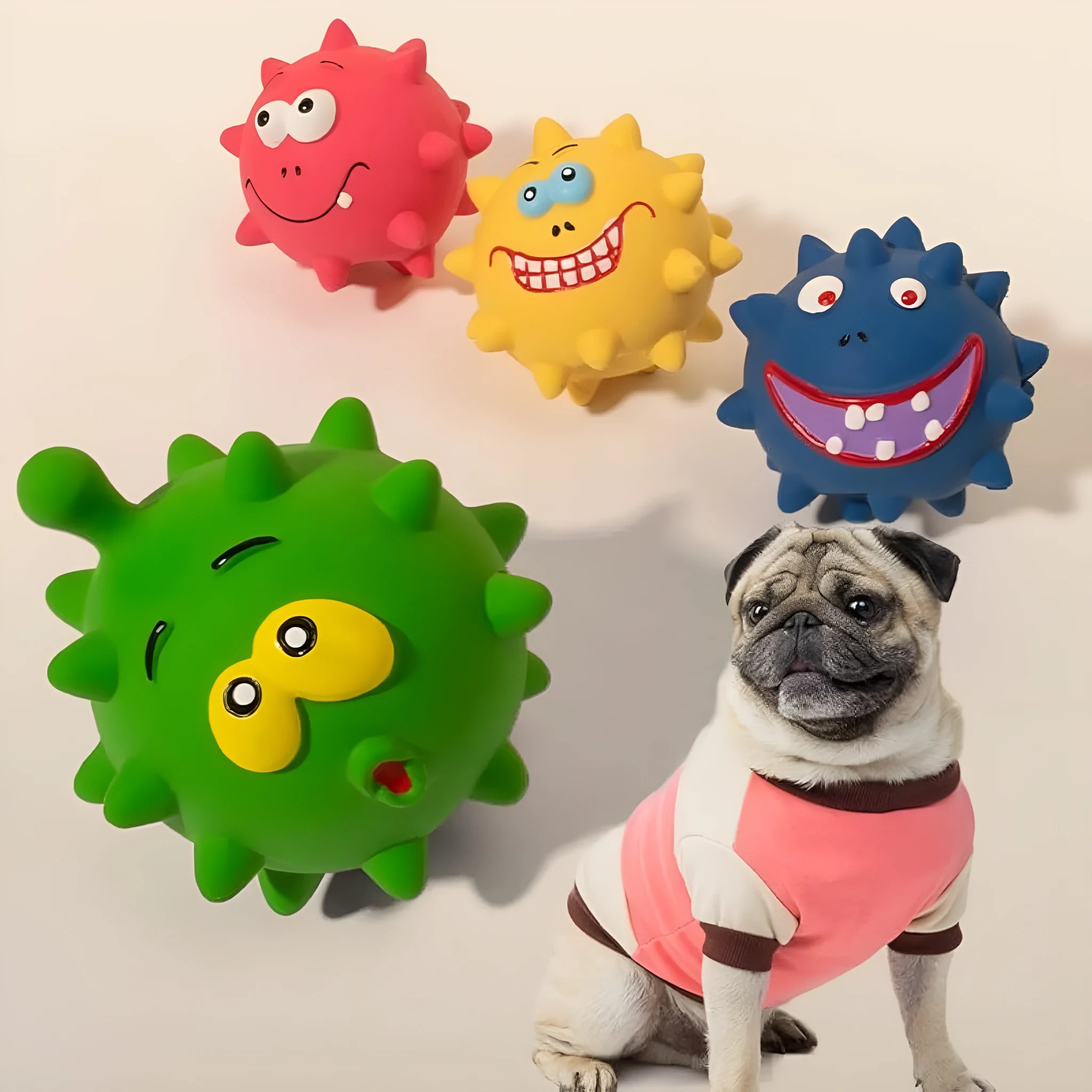 Four coloured natural latex squeaky dog balls with cute faces, each measuring 7.5cm