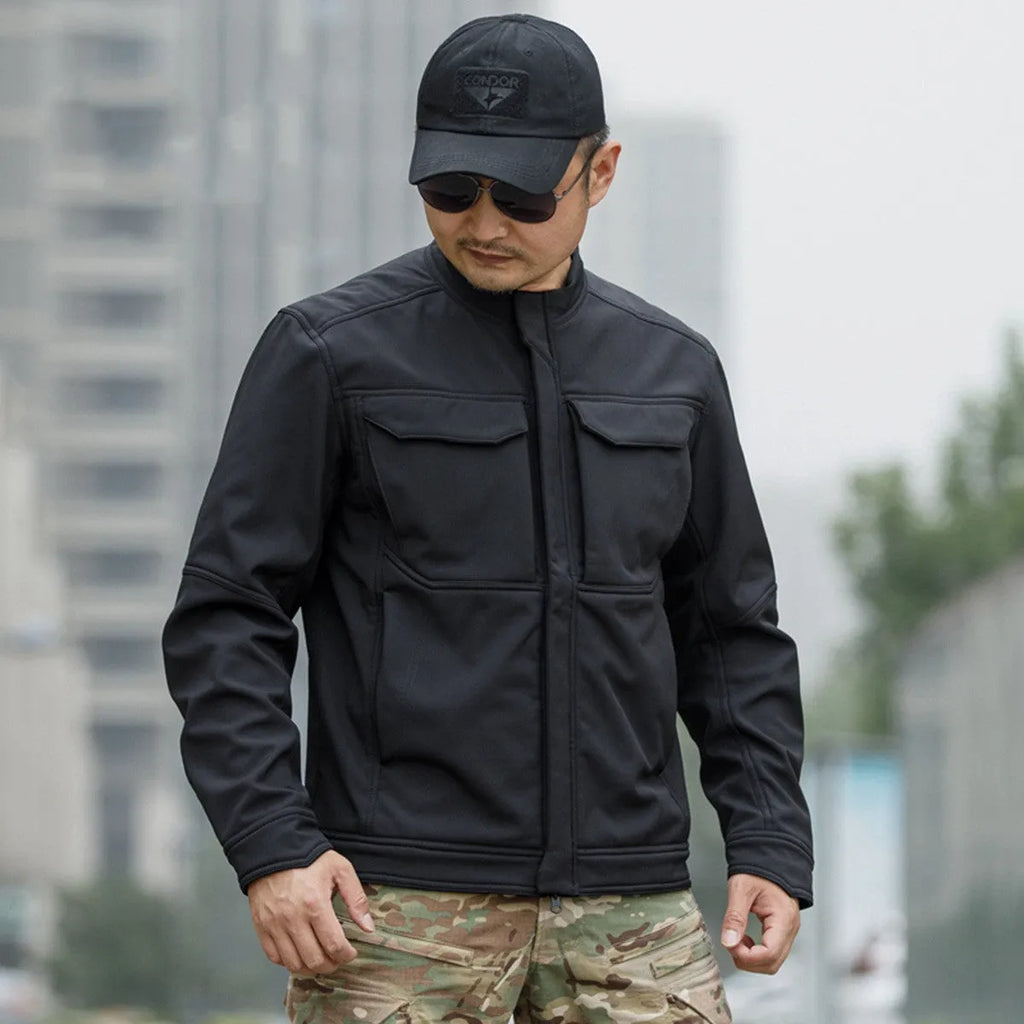 Black soft shell mountaineering jacket with polyester windproof and wear-resistant fabric for outdoor activities