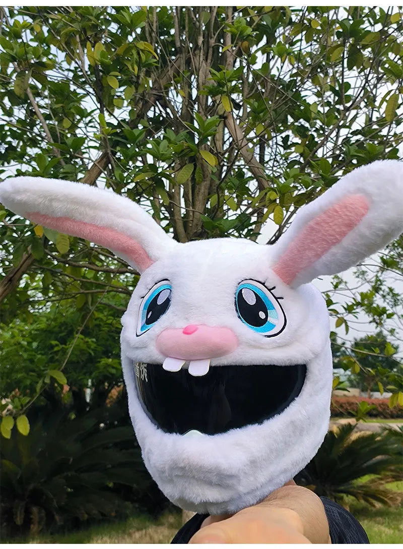 White rabbit head helmet cover for electric motorcycles with plush needle detailing