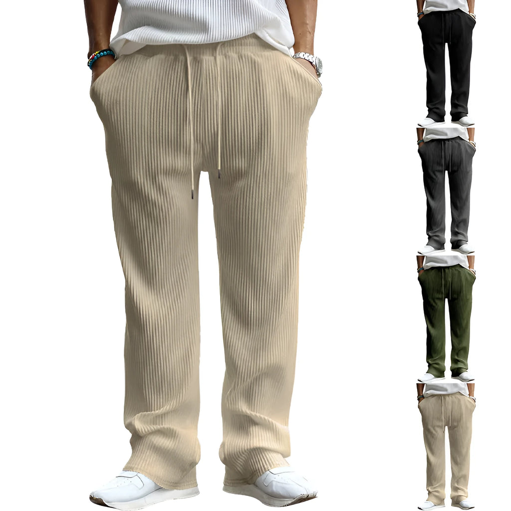 Men's straight-leg loose casual trousers in khaki colour showing high waist and relaxed fit