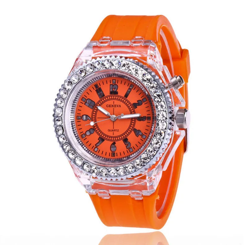 Women's LED luminous quartz watch with round 43mm alloy case and coloured silicone strap
