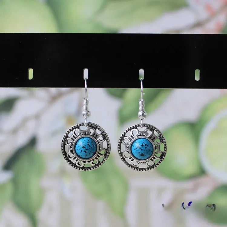 Handmade Miao silver ethnic earrings with turquoise flower disk geometry design