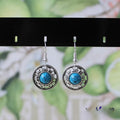 Handmade Miao silver ethnic earrings with turquoise flower disk geometry design