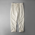 Men's linen casual trousers in navy blue, apricot hemp grey, and grey colours with mid waist design