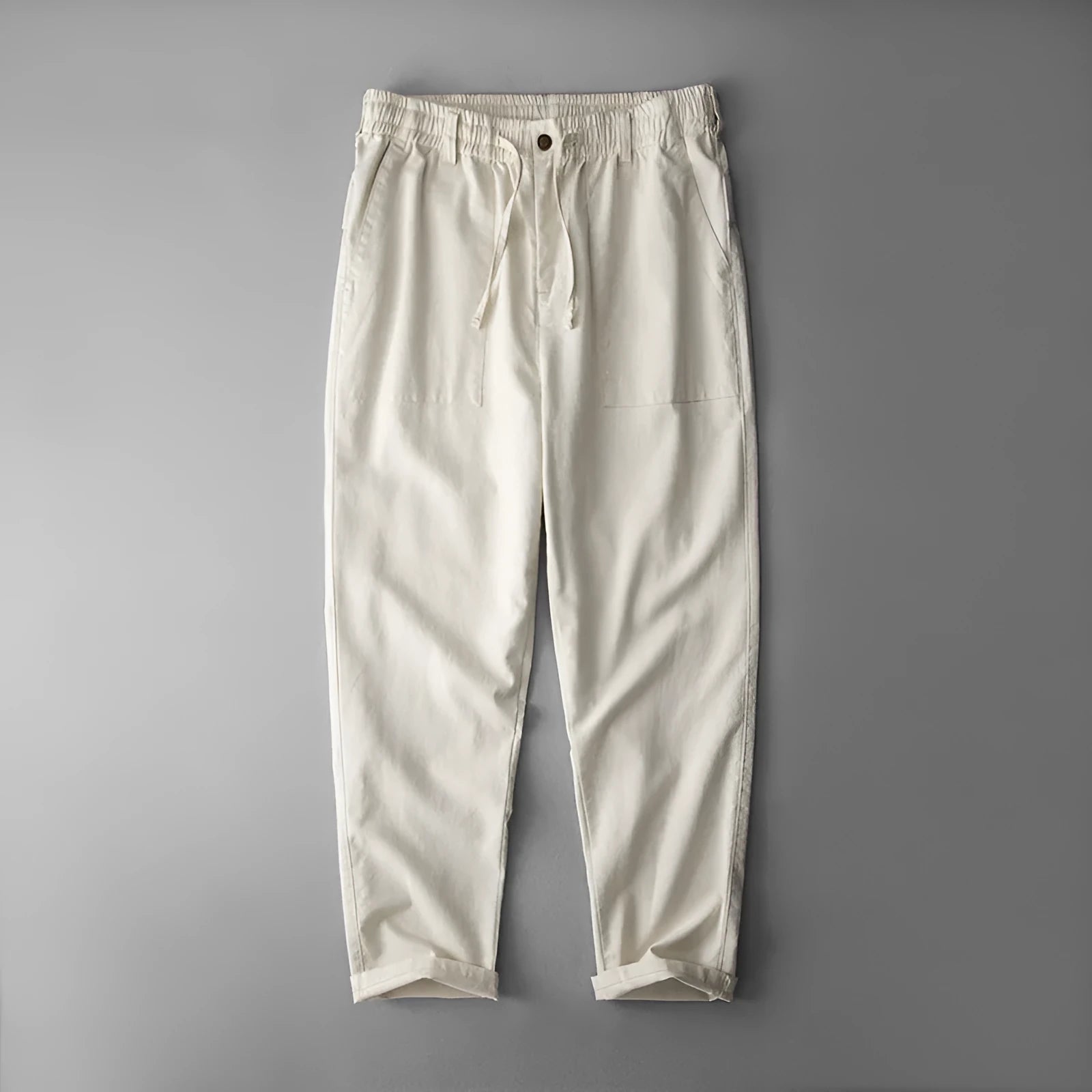 Men's linen casual trousers in navy blue, apricot hemp grey, and grey colours with mid waist design