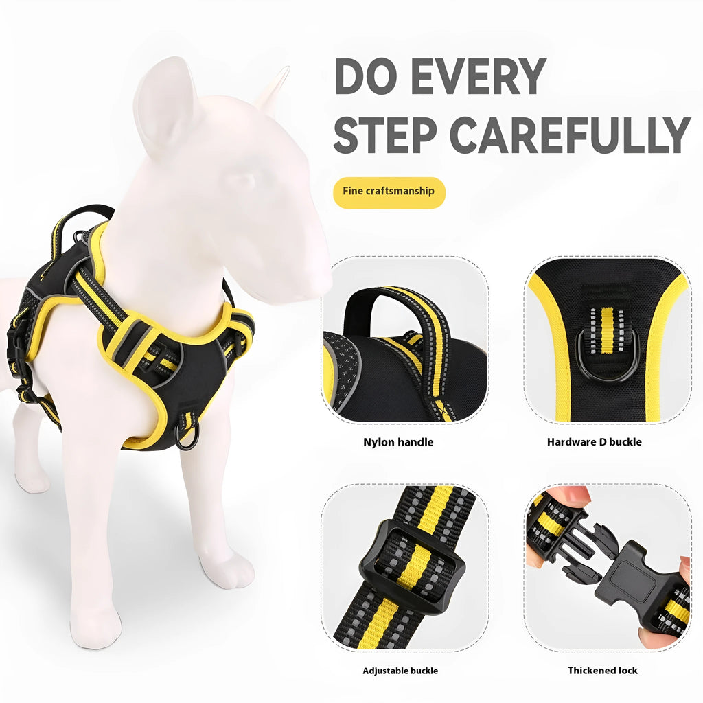 Yellow or orange polyester dog harness with traction strap for outdoor training control