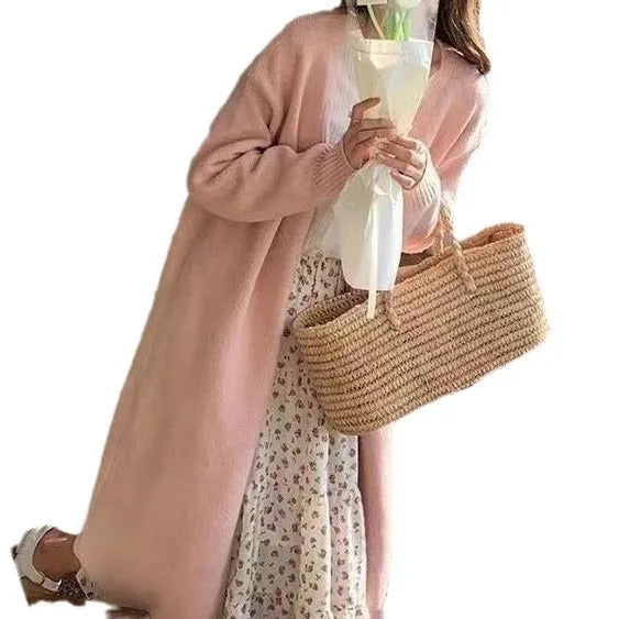 Women's V-neck knitted cardigan in khaki colour with long sleeves and mid-length cut