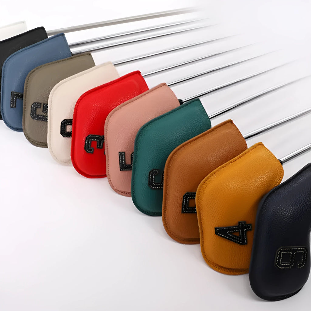 Set of 10 digitally printed PU golf club head covers in mixed colours.